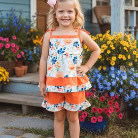 Trendy patchwork floral spaghetti strap top orange shorts girls boutique sets XCH0666-2H (A3S9)