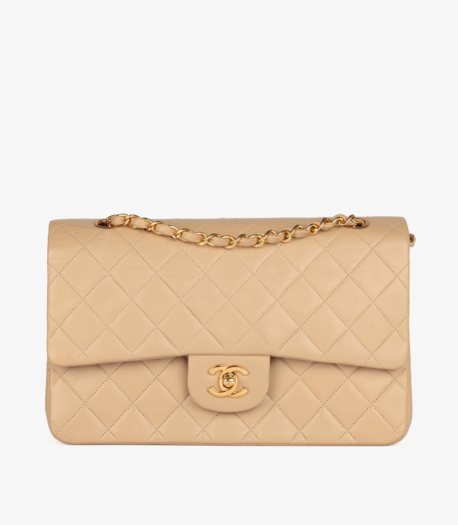 Beige Quilted Lambskin Leather Vintage Medium Classic Double Flap Bag