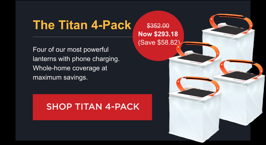 Titan 4-Pack $352.00 Now $293.18  (Save $58.82) Four of our most powerful lanterns with phone charging. Whole-home coverage at maximum savings. [ GET THE 4-PACK ]