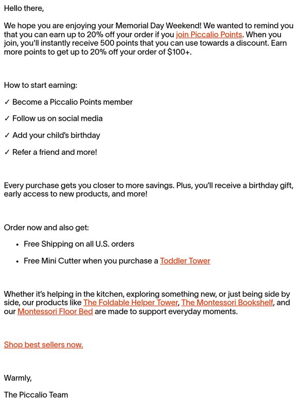 Save up to 20% off this Memorial Day Weekend with Piccalio Points!