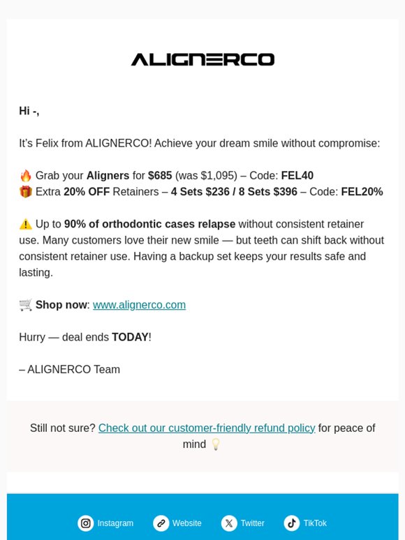 😍 TODAY ONLY: Aligners $685 + 20% OFF Retainers!