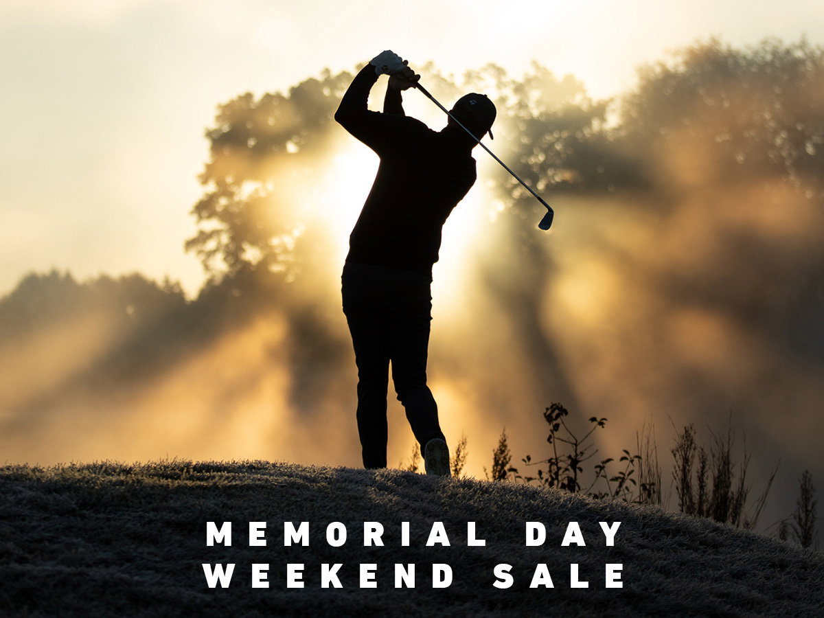 Silhouette of a golfer swinging an iron on course, with 'Memorial Day Weekend Sale' in white text below