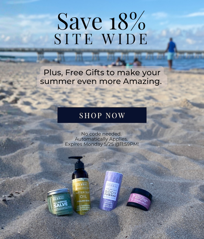 Decorative beach scene featuring Ora’s Amazing Herbal summer skincare products arranged in the sand beneath the text “Save 18% Sitewide.” Text overlay reads: “Plus, Free Gifts to make your summer even more Amazing.” Includes a dark blue “Shop Now” button and fine print noting no code is needed and the sale ends Monday 5/25 at 11:59 PM. Featured products include All Purpose Salve, After Sun Oil, Body Powder, and a body butter jar.