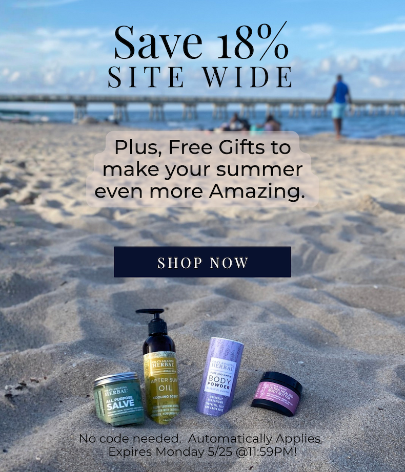 Decorative beach scene featuring Ora’s Amazing Herbal summer skincare products arranged in the sand beneath the text “Save 18% Sitewide.” Text overlay reads: “Plus, Free Gifts to make your summer even more Amazing.” Includes a dark blue “Shop Now” button and fine print noting no code is needed and the sale ends Monday 5/25 at 11:59 PM. Featured products include All Purpose Salve, After Sun Oil, Body Powder, and a body butter jar.