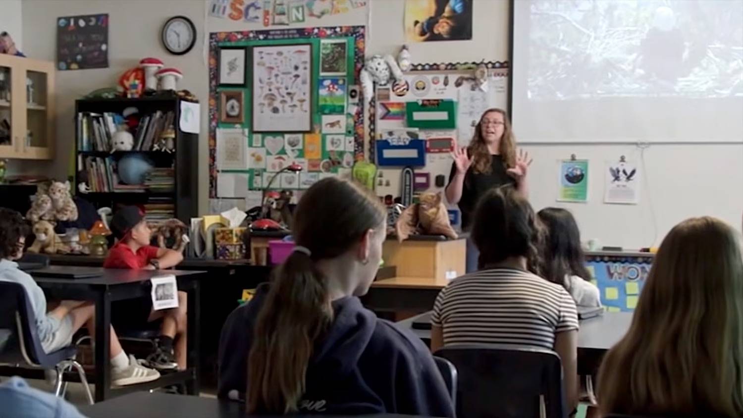 A teacher talking in the front of a classroom, students are at desks