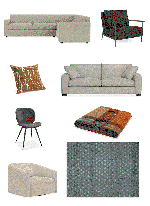 Animated furniture assortment with sofas, chairs, textiles and fabric swatches on a white background.