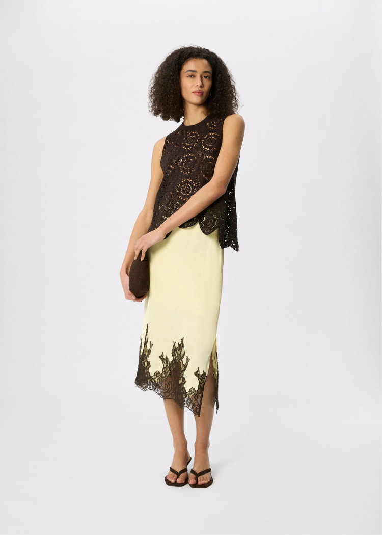 Yellow Lace Hem Satin Midi Skirt