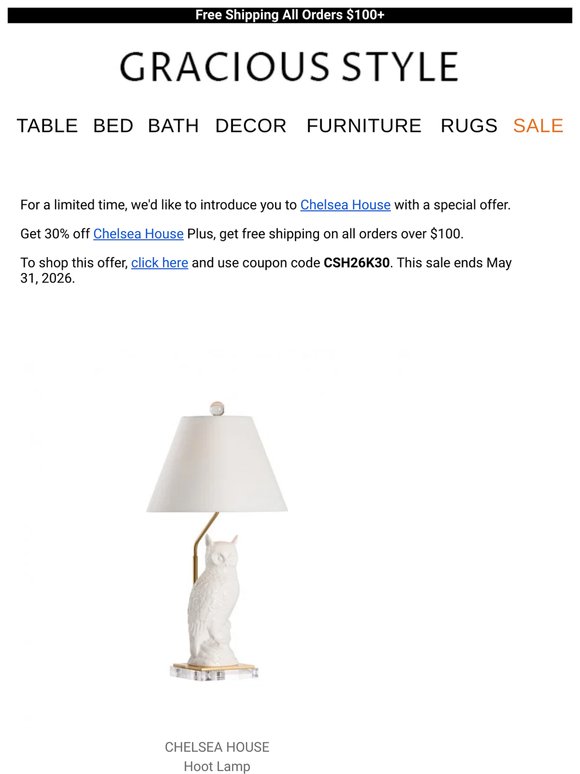 Limited Time - 30% off Your First Purchase of Chelsea House | Gracious Style