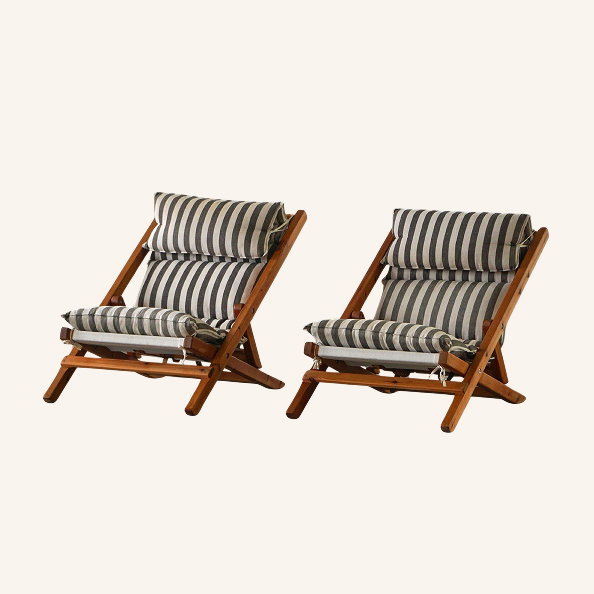 Mid Century Sun Chairs in Pine & Striped Cotton Canvas, 1970s