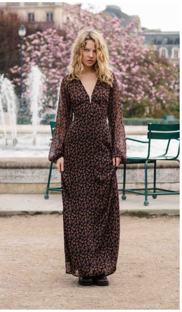 Brown Floral Drape Sleeve Maxi Dress