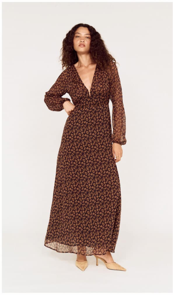 Brown Floral Drape Sleeve Maxi Dress