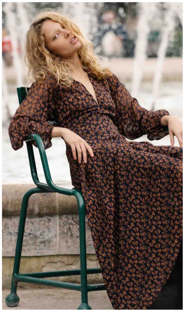 Brown Floral Drape Sleeve Maxi Dress