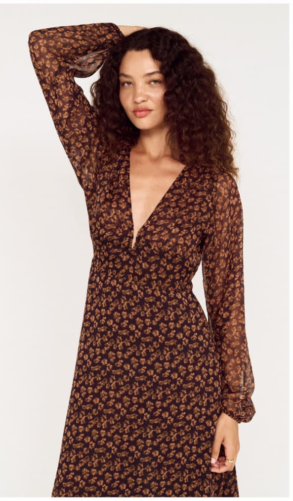 Brown Floral Drape Sleeve Maxi Dress