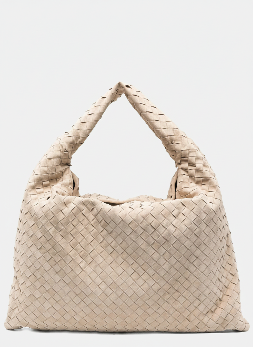 A light beige woven leather hobo bag with a braided handle.
