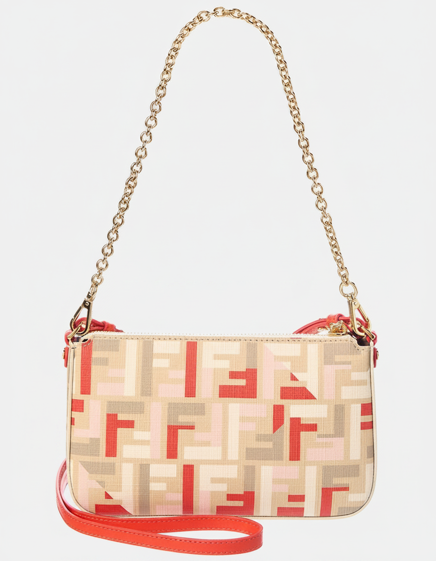 A Fendi baguette bag with a repeating FF logo pattern in beige, pink, and red.