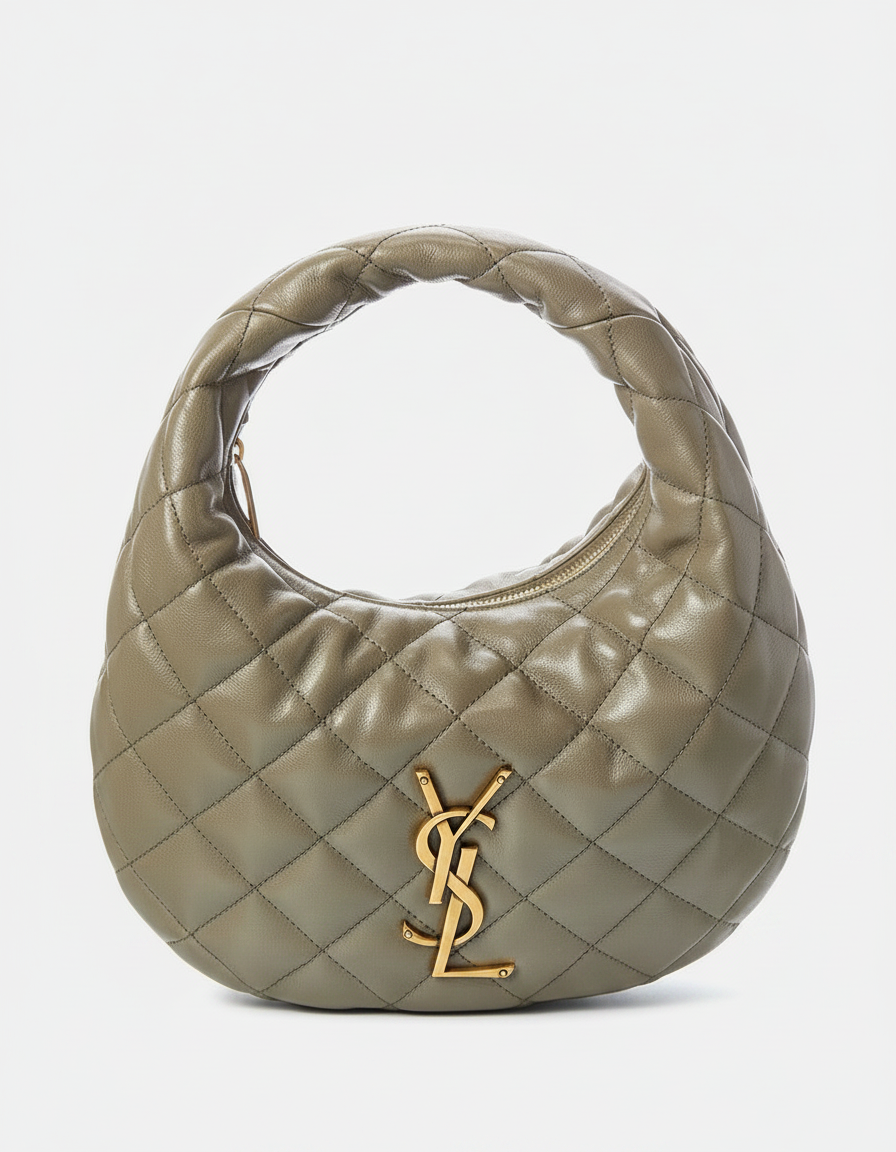 Quilted grey leather hobo bag with gold YSL logo.