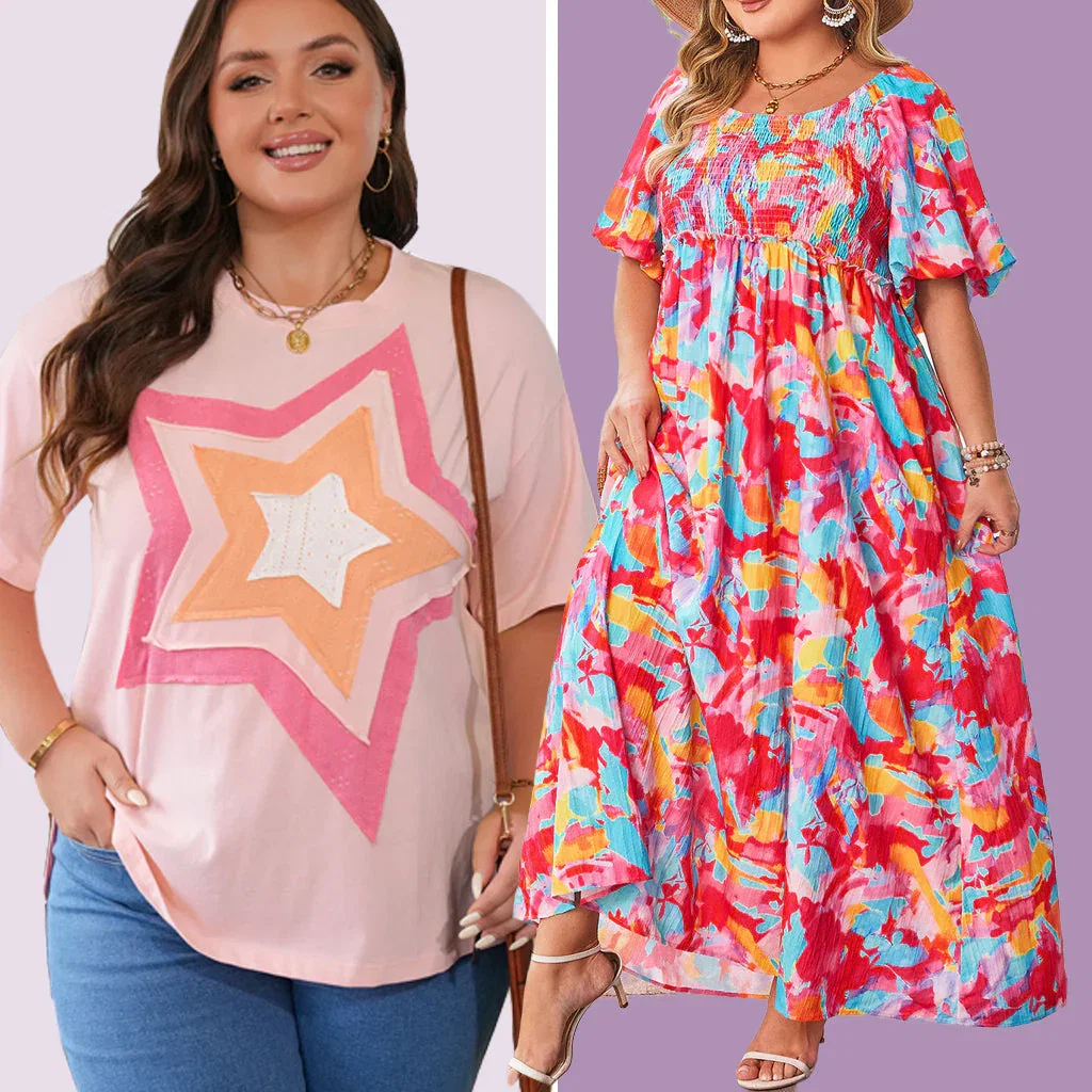 Two plus size women modeling colorful casual clothing: pink star graphic tee and vibrant floral print dress.