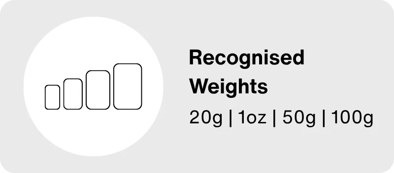 Recognised Weights: 20g, 1oz, 50g, 100g