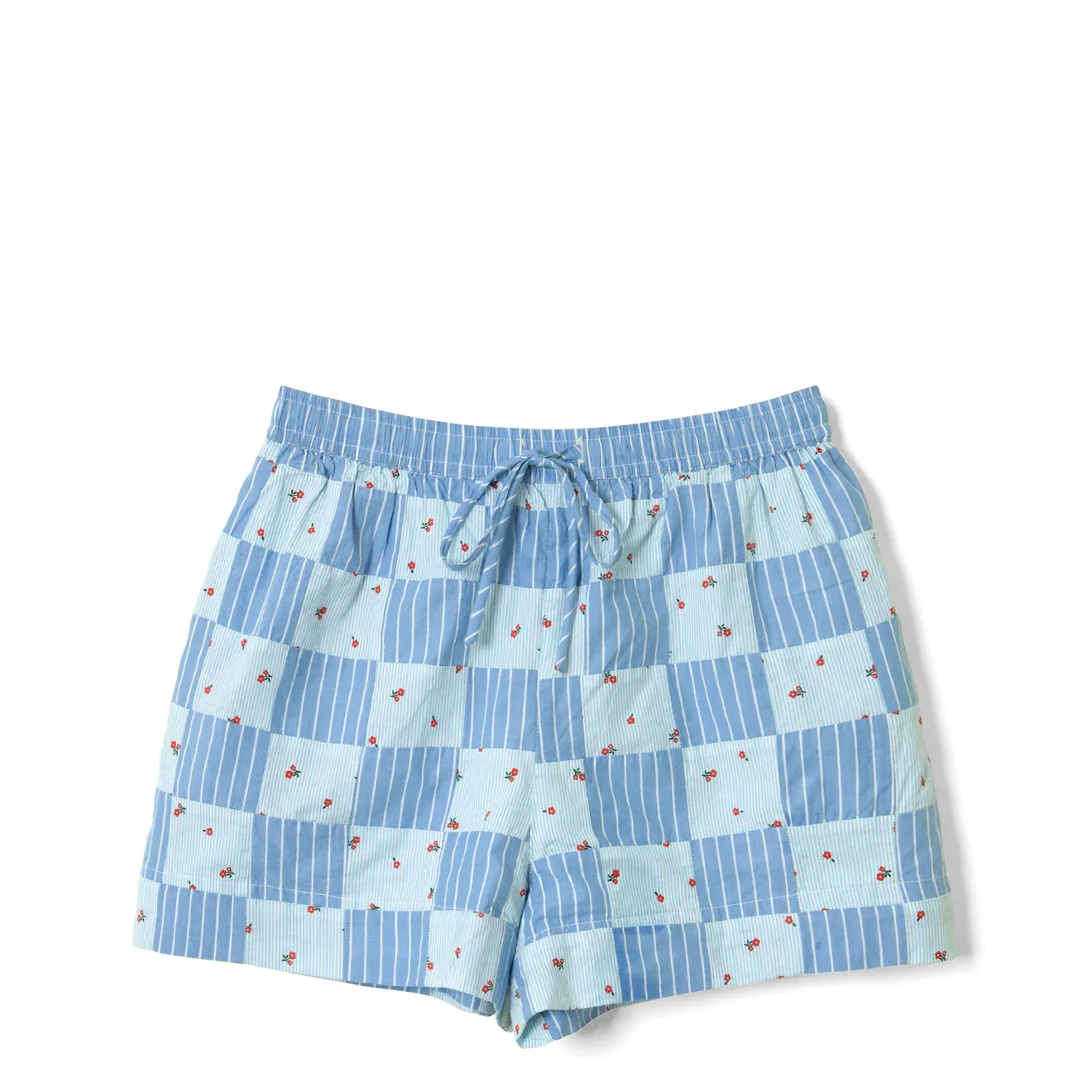 Image of Damson Madder Womens Eluna Boxer Shorts Blue Stripe & Floral Print