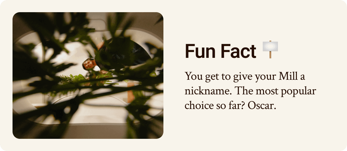 Fun Fact: You can give your Mill a nickname. The most popular choice so far? Oscar.
