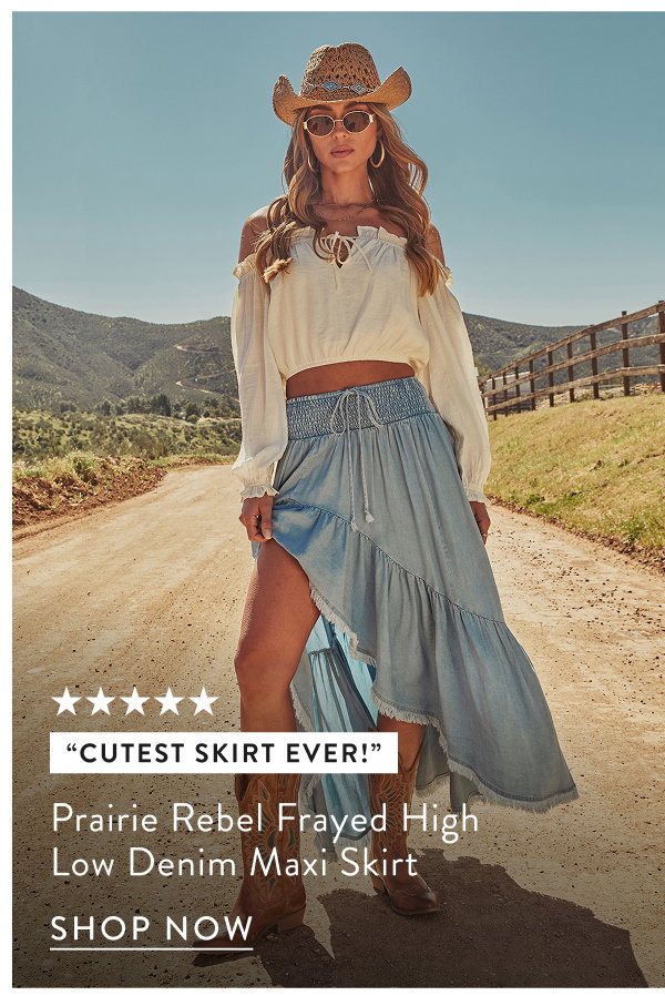 Prairie Rebel Frayed High Low Denim Maxi Skirt