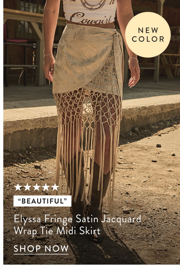 Elyssa Fringe Satin Jacquard Wrap Tie Midi Skirt