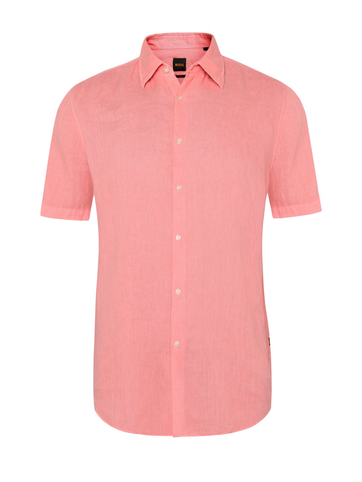Solid-colored short-sleeved linen shirt with Kent collar
