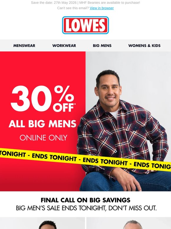 HURRY! ⏰ 30% off Big Mens ends today!*
