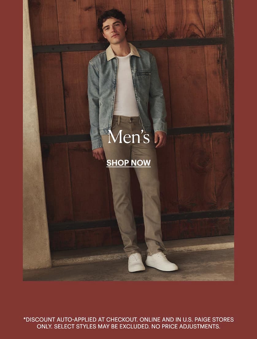 Shop The Men's Collection - Featuring an image of a man wearing a light wash denim jacket with light tan collar detail, white tee, light tan denim jeans and white lace-up shoes all by PAIGE.