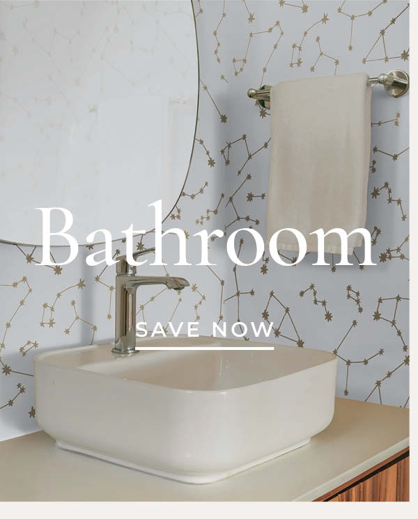 Image of Tempaper's Constellations wallpaper with text overlay "Bathroom Save Now"