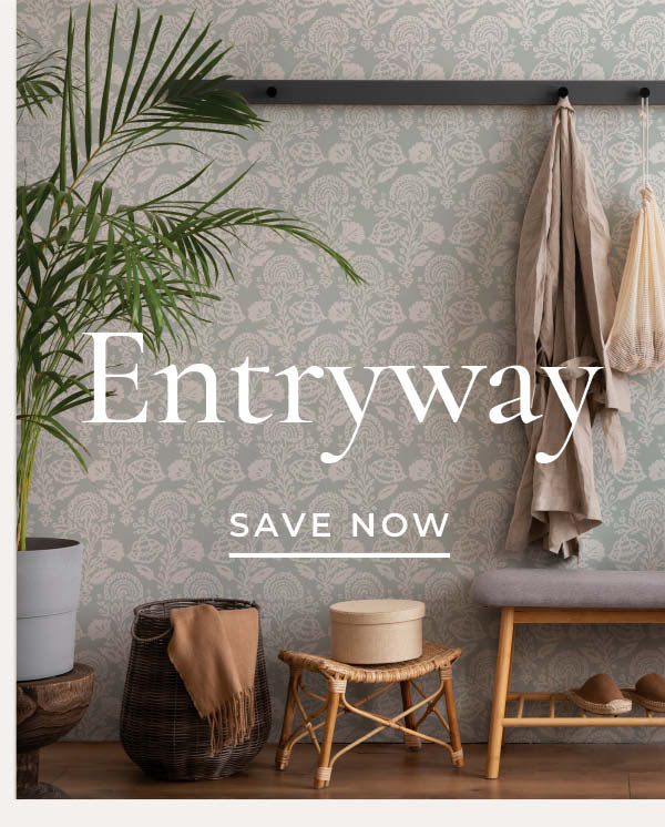 Image of Tempaper's Floral Damask wallpaper with text overlay "Entryway Save Now"