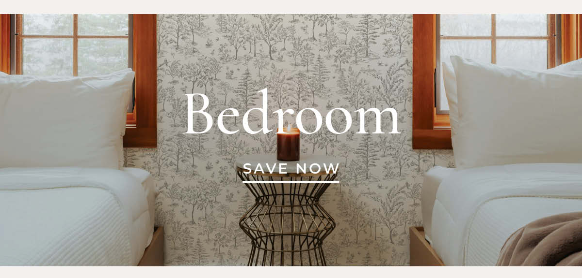 Image of Tempaper Arbor Toile wallpaper with Text Overlay "Bedroom Save Now"