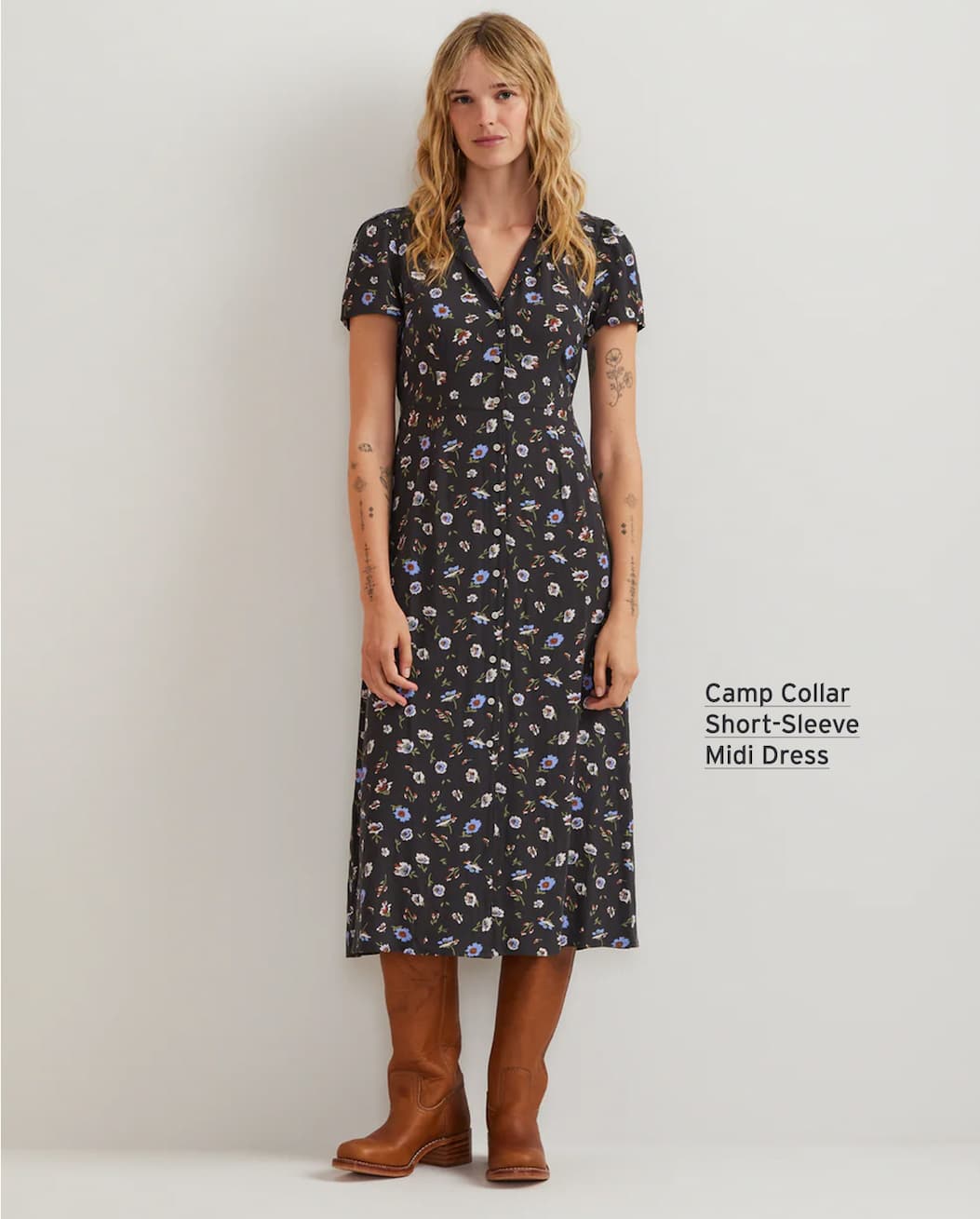 Women's Camp Collar Short-Sleeve Midi Dress