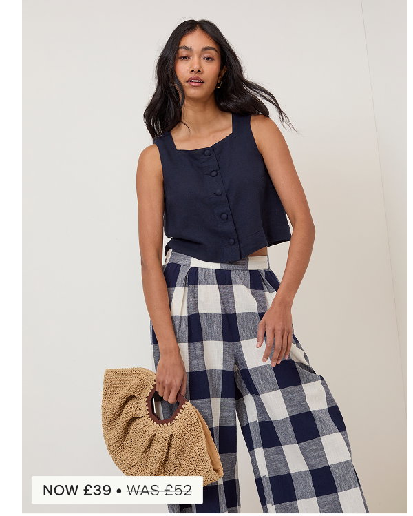 Navy Linen-Blend Button Front Top