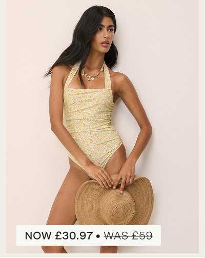 Yellow Ditsy Floral Halterneck Ruched Swimsuit