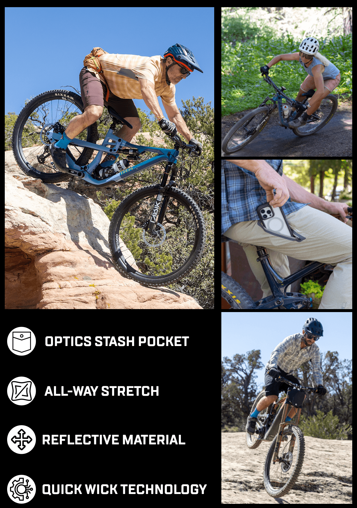 Optics stash pocket. All way stretch. reflective material. Quick wick technology