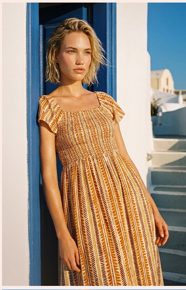 Orange Abstract Stripe Shirred Midi Dress