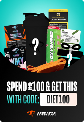 Predator Nutrition promotional mystery bundle: shaker, supplements and resistance band with 'Spend £100 & get this' offer, code DIET100