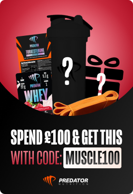 Predator Nutrition free gift pack: black shaker bottle, whey tubs, orange resistance band and gift; spend £100 with code MUSCLE100