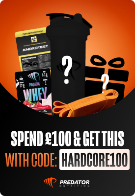 Predator Nutrition promo: supplement tubs, shaker, resistance band and mystery gift — spend £100, use code HARDCORE100