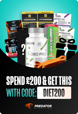Predator Nutrition promotional image of assorted supplement bottles and boxes with text 'Spend £200 & get this' and code DIET200