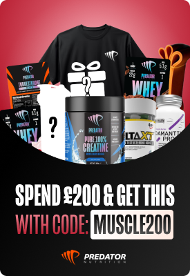 Promotional bundle of Predator Nutrition supplements and black gift T‑shirt; offer 'Spend £200 & get this' with code MUSCLE200