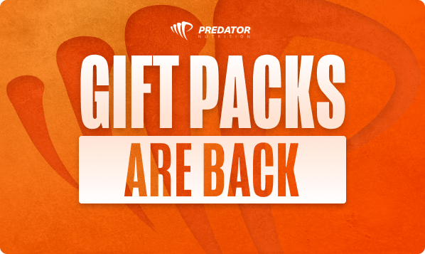 Predator Nutrition promotional banner showing bold white text 'Gift Packs Are Back' on an orange background