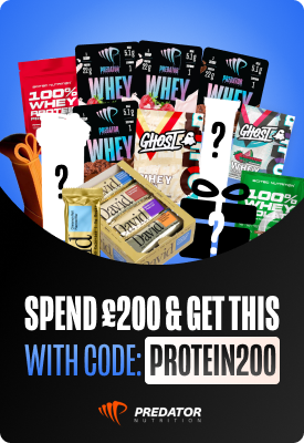 Promotional bundle of protein powders, bars and shaker with ribbon; text 'Spend £200 & get this' and code PROTEIN200 - Predator Nutrition