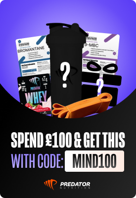 Predator Nutrition promo showing mystery gift bundle—shaker, supplements and resistance band—spend £100 with code MIND100