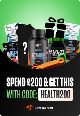 Predator Nutrition supplement bundle (Vitamin C, Multi Pro, whey, bars) with promotional text: Spend £200 & get this with code HEALTH200