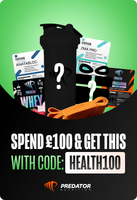 Promotional image: mystery supplement bundle with black shaker, whey tubs, capsules and orange resistance band — spend £100, use code HEALTH100