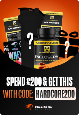 Promotional banner: Predator Nutrition free supplement bundle (Encloserm tub, whey, bars) when you spend £200 using code HARDCORE200