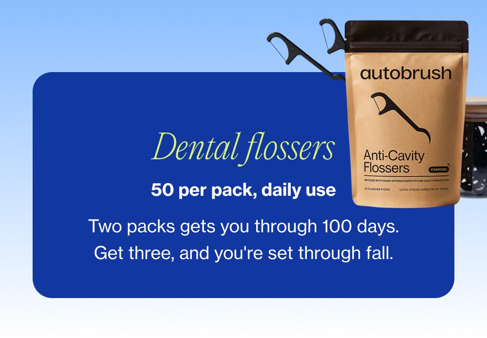 Dental flossers 50 per pack, daily use Two packs gets you through 100 days. Get three, and you're set through fall.