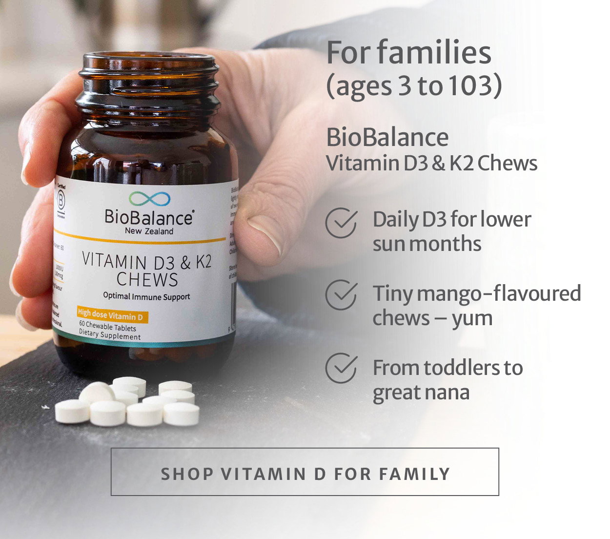 Vitamin D for family | Shop BioBalance Vitamin D3 & K2 Chews